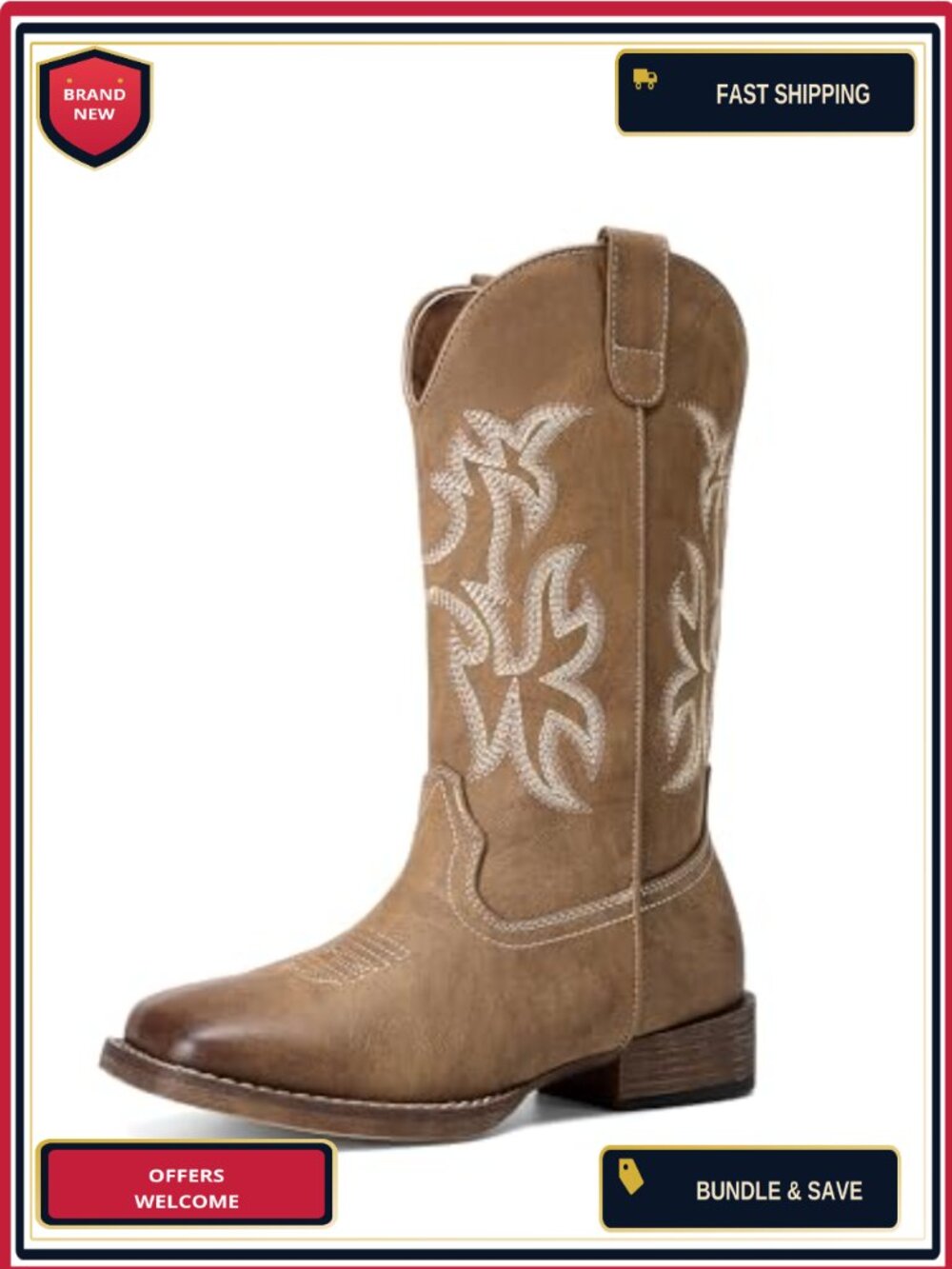 Faux Leather Cowboy Boots Wide Square Toe Embroidered Mid Calf